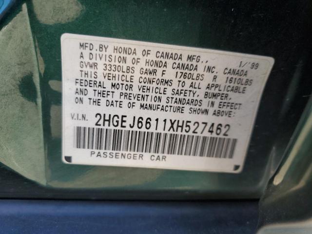 2HGEJ6611XH527462 - 1999 HONDA CIVIC BASE GREEN photo 12