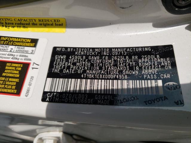 4T1BK1EBXDU074958 - 2013 TOYOTA AVALON BASE 白色 照片 13