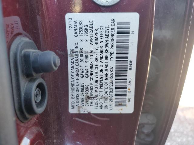 2HGFB2F55EH507807 - 2014 HONDA CIVIC LX MAROON photo 12