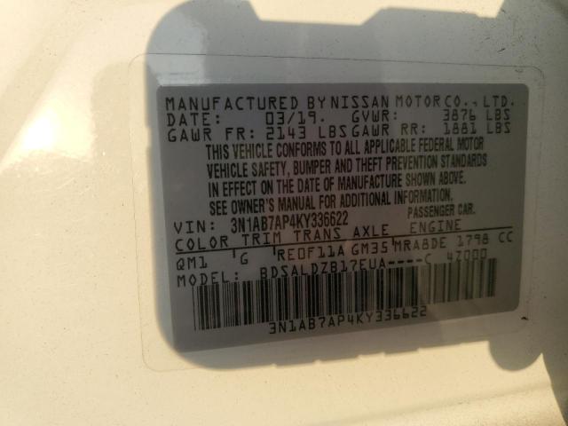 3N1AB7AP4KY336622 - 2019 NISSAN SENTRA S WHITE photo 12