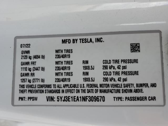 5YJ3E1EA1NF309670 - 2022 TESLA MODEL 3 WHITE photo 13