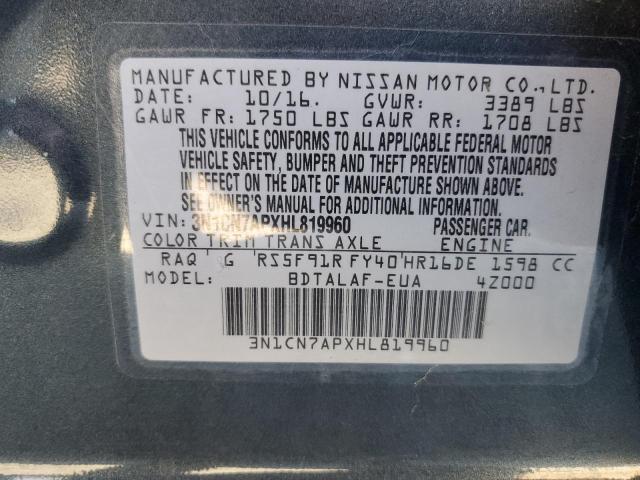 3N1CN7APXHL819960 - 2017 NISSAN VERSA S BLUE photo 12