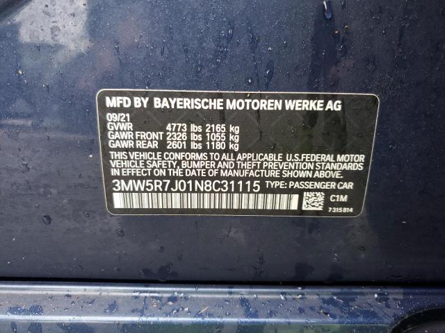 3MW5R7J01N8C31115 - 2022 BMW 330XI BLUE photo 12