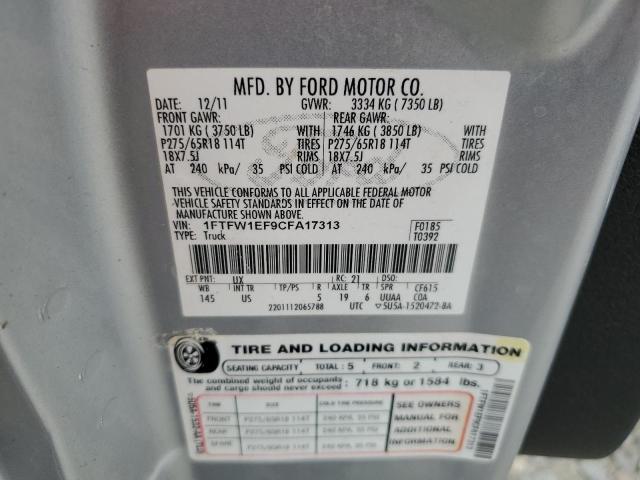 1FTFW1EF9CFA17313 - 2012 FORD F150 SUPERCREW SILVER photo 12