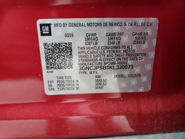 3GNCJPSB0KL330073 - 2019 CHEVROLET TRAX 1LT RED photo 12