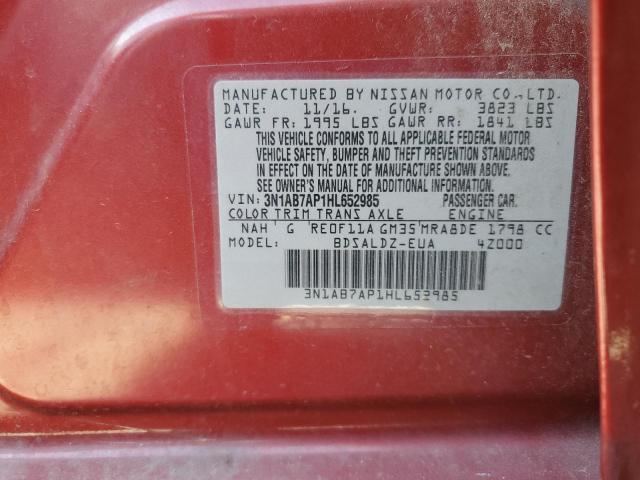 3N1AB7AP1HL652985 - 2017 NISSAN SENTRA S RED photo 12