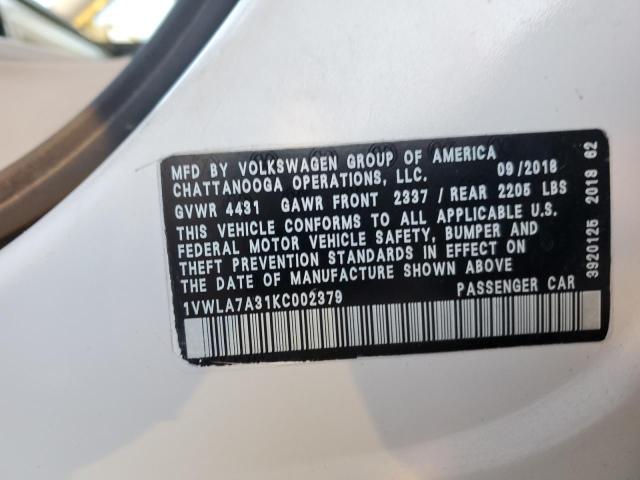 1VWLA7A31KC002379 - 2019 VOLKSWAGEN PASSAT WOLFSBURG WHITE photo 12