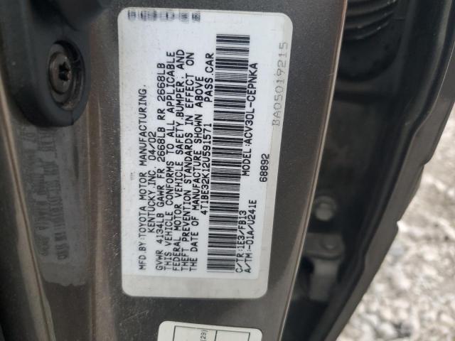 4T1BE32K12U591571 - 2002 TOYOTA CAMRY LE TAN photo 12