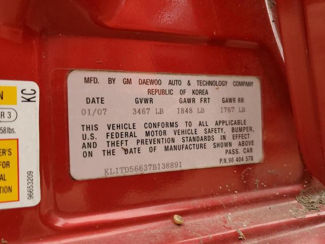 KL1TD56637B138891 - 2007 CHEVROLET AVEO BASE Tünd qırmızı foto 13