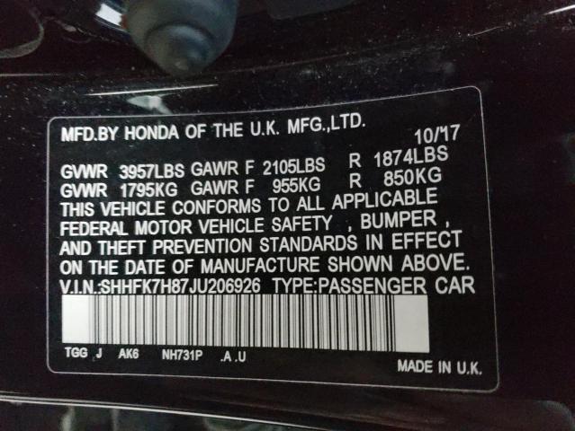 SHHFK7H87JU206926 - 2018 HONDA CIVIC EXL შავი ფოტო 13