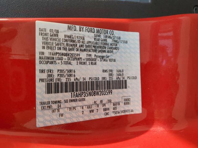 1FAHP35N08W203599 - 2008 FORD FOCUS SE RED photo 12