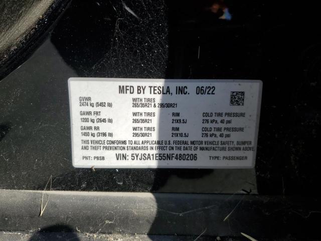 5YJSA1E55NF480206 - 2022 TESLA MODEL S BLACK photo 12