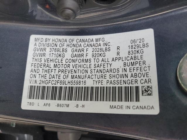 2HGFC2F69LH559816 - 2020 HONDA CIVIC LX BLUE photo 12