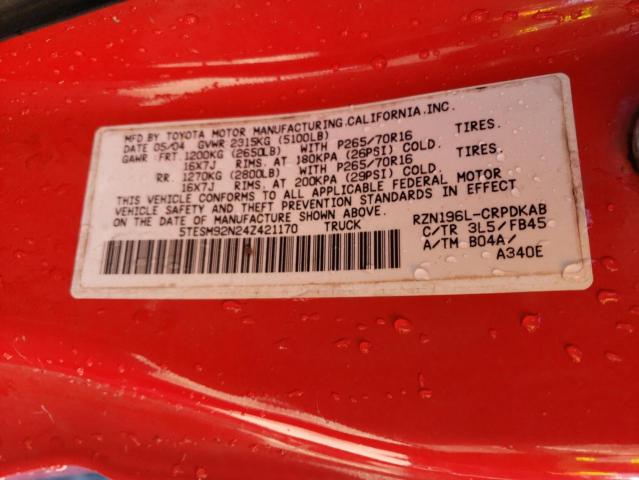 5TESM92N24Z421170 - 2004 TOYOTA TACOMA XTRACAB PRERUNNER წითელი ფოტო 13