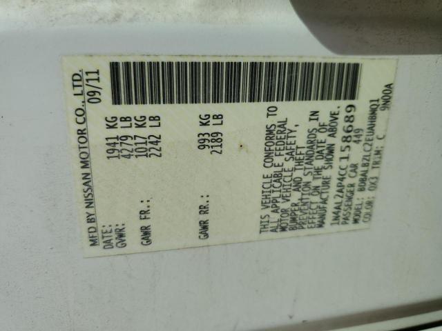 1N4AL2AP4CC158689 - 2012 NISSAN ALTIMA BASE WHITE photo 12