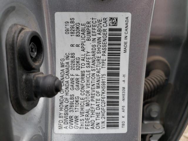 2HGFC2F67KH598175 - 2019 HONDA CIVIC LX SILVER photo 13