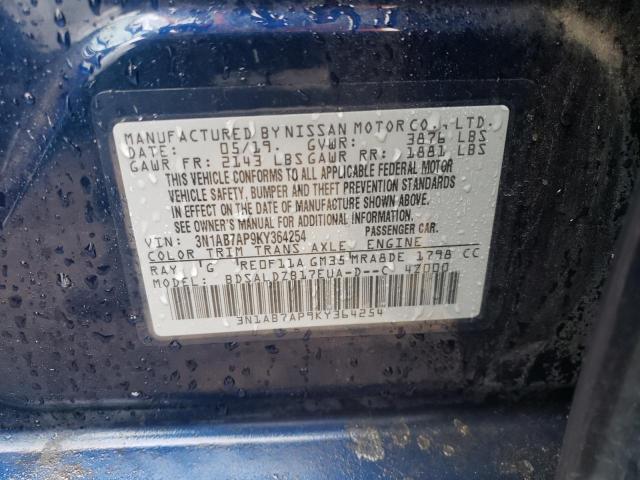 3N1AB7AP9KY364254 - 2019 NISSAN SENTRA S BLUE photo 12