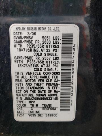 JN8AZ08W86W533145 - 2006 NISSAN MURANO SL BLACK photo 12