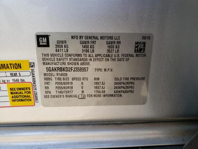 5GAKRBKD2FJ358957 - 2015 BUICK ENCLAVE SILVER photo 13