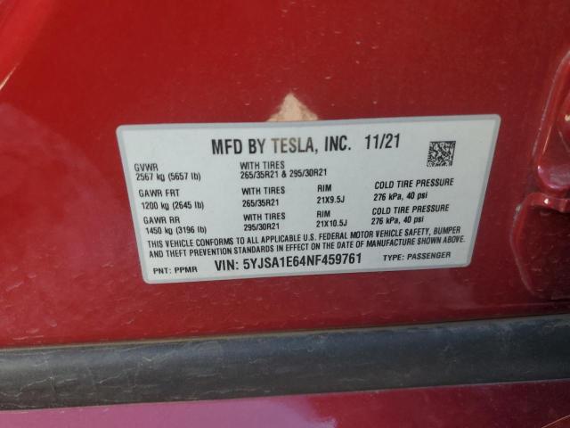 5YJSA1E64NF459761 - 2022 TESLA MODEL S RED photo 12