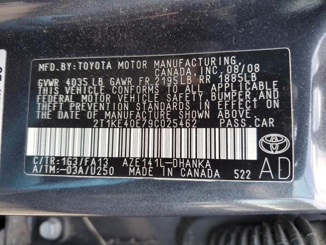 2T1KE40E79C025462 - 2009 TOYOTA COROLLA MA S GRAY photo 12