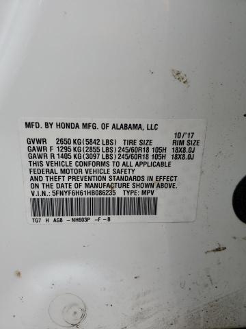 5FNYF6H61HB086235 - 2017 HONDA PILOT EXL WHITE photo 13