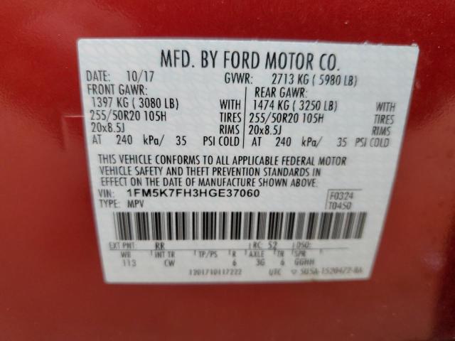 1FM5K7FH3HGE37060 - 2017 FORD EXPLORER LIMITED RED photo 13