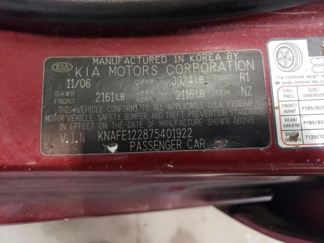 KNAFE122875401922 - 2007 KIA SPECTRA EX MAROON photo 12