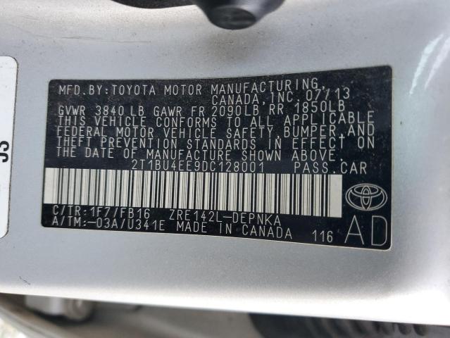 2T1BU4EE9DC128001 - 2013 TOYOTA COROLLA BASE SILVER photo 12