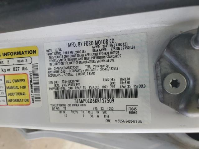 3FA6P0CD6KR127509 - 2019 FORD FUSION SEL WHITE photo 12