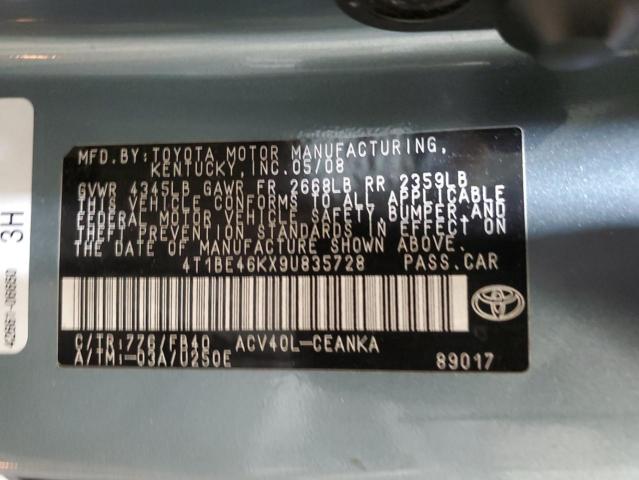 4T1BE46KX9U835728 - 2009 TOYOTA CAMRY BASE BLUE photo 12