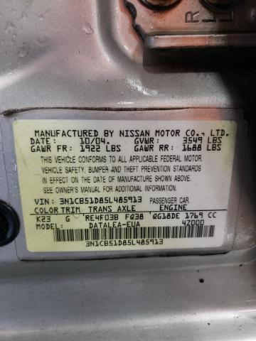 3N1CB51D85L485913 - 2005 NISSAN SENTRA 1.8 SILVER photo 12