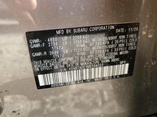 4S4BTADC1M3134722 - 2021 SUBARU OUTBACK PREMIUM GRAY photo 12