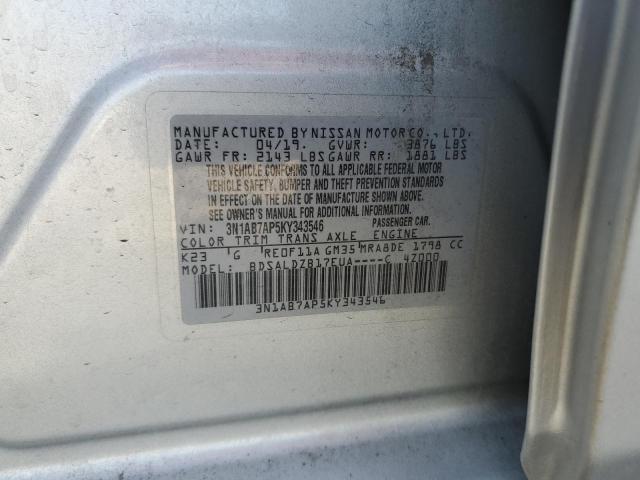 3N1AB7AP5KY343546 - 2019 NISSAN SENTRA S SILVER photo 12