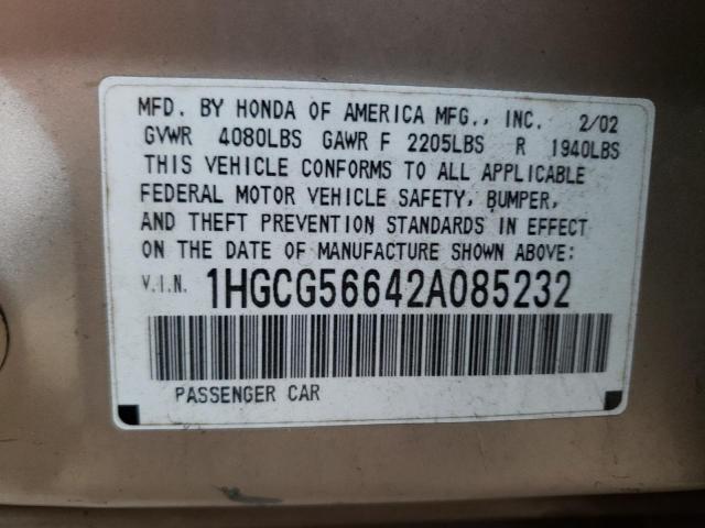 1HGCG56642A085232 - 2002 HONDA ACCORD EX GOLD photo 12