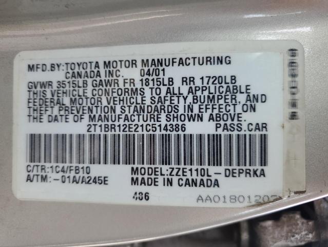 2T1BR12E21C514386 - 2001 TOYOTA COROLLA CE SILVER photo 12