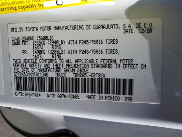 3TYRX5GNXMT011340 - 2021 TOYOTA TACOMA ACCESS CAB Ақ фото 12