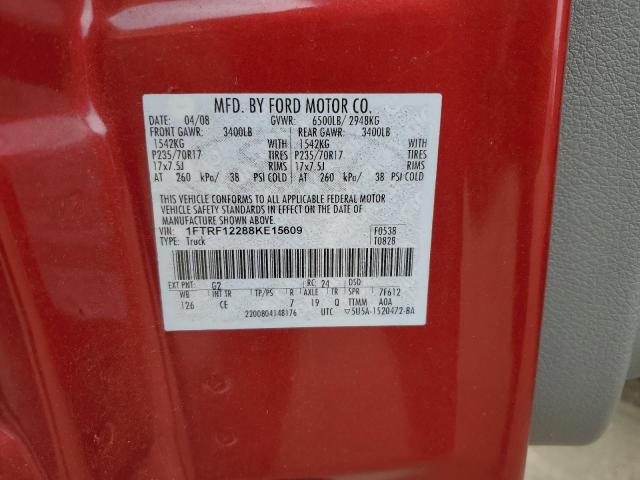 1FTRF12288KE15609 - 2008 FORD F150 RED photo 12