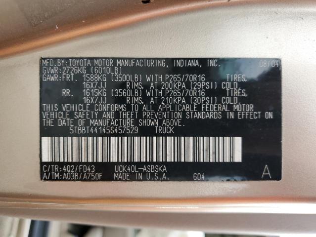 5TBBT44145S457529 - 2005 TOYOTA TUNDRA ACCESS CAB SR5 BEIGE photo 12