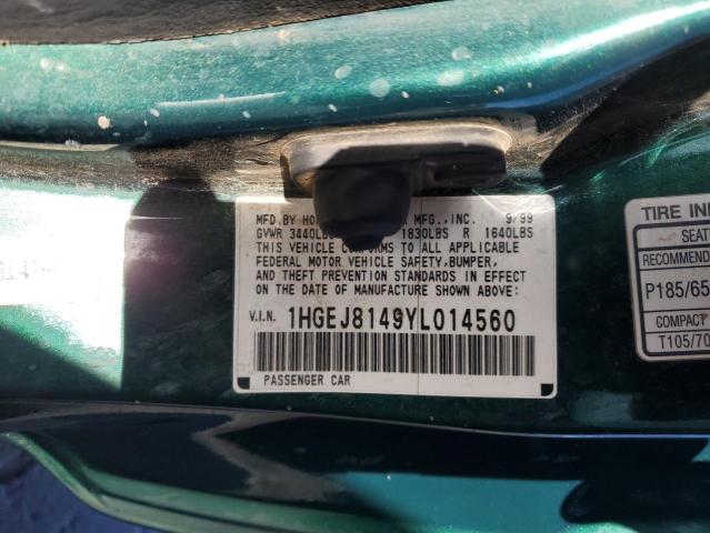 1HGEJ8149YL014560 - 2000 HONDA CIVIC EX GREEN photo 12