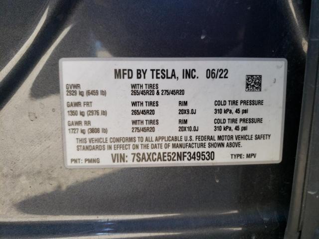 7SAXCAE52NF349530 - 2022 TESLA MODEL X GRAY photo 13