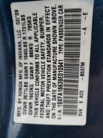 19XFA16639E010941 - 2009 HONDA CIVIC LX-S Կապույտ լուսանկար 13