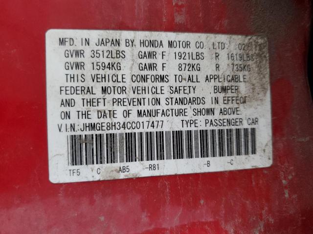 JHMGE8H34CC017477 - 2012 HONDA FIT RED photo 12