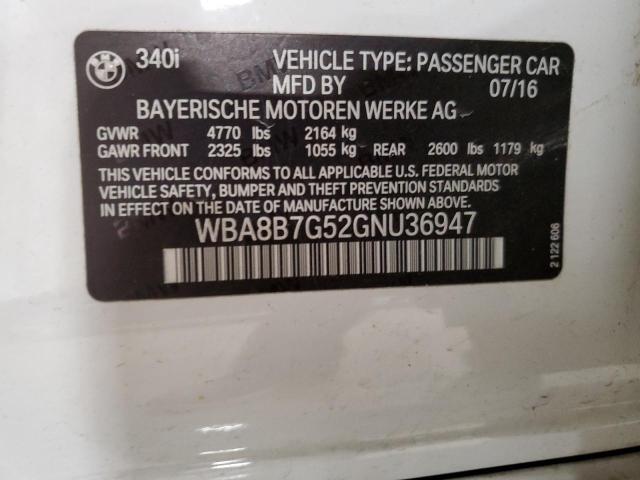 WBA8B7G52GNU36947 - 2016 BMW 340 XI WHITE photo 12