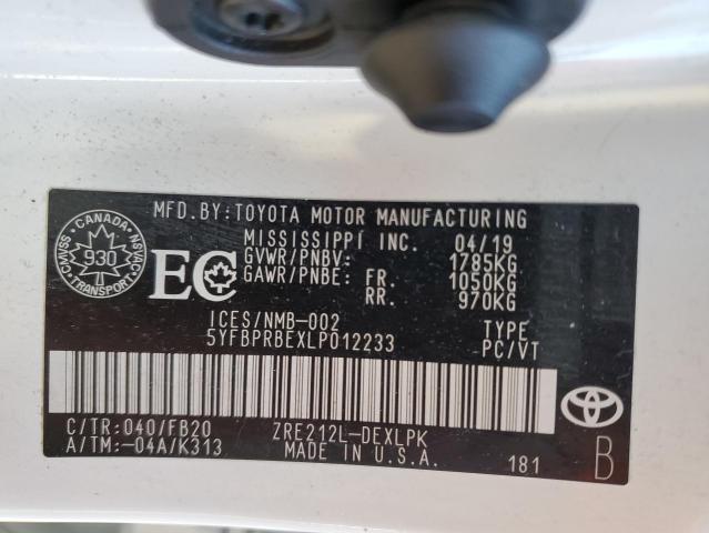 5YFBPRBEXLP012233 - 2020 TOYOTA COROLLA LE WHITE photo 12