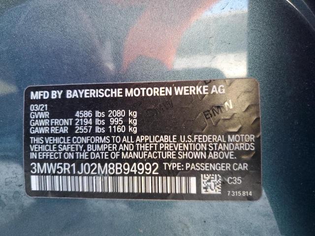 3MW5R1J02M8B94992 - 2021 BMW 330I BLUE photo 12