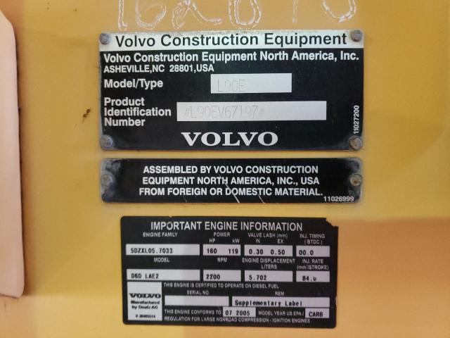 L90EV67197 - 2005 VOLVO L90E YELLOW photo 10