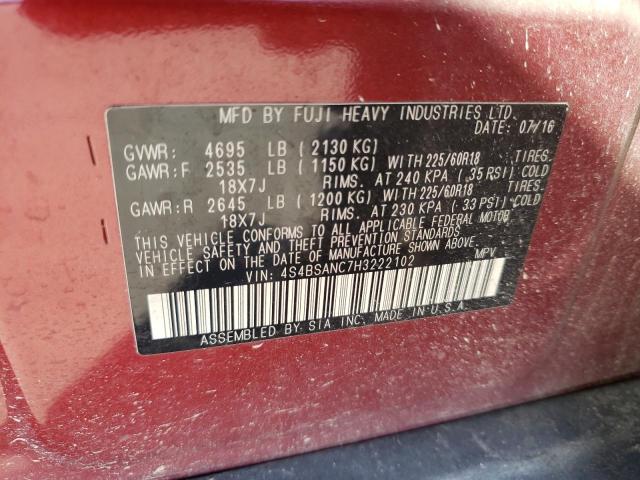 4S4BSANC7H3222102 - 2017 SUBARU OUTBACK 2.5I LIMITED RED photo 12