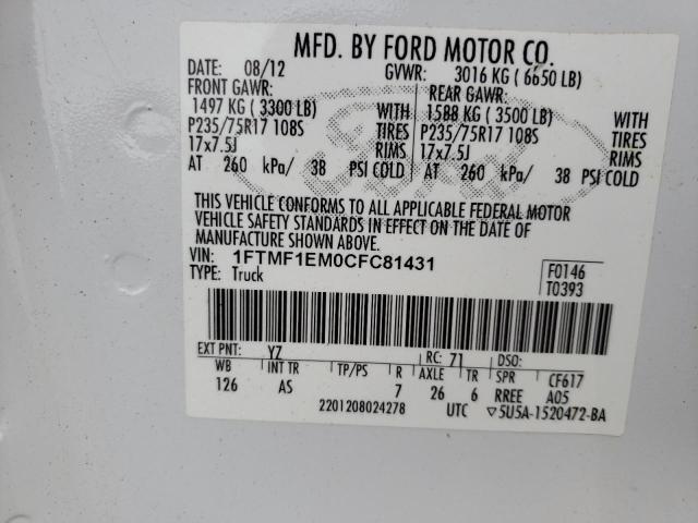 1FTMF1EM0CFC81431 - 2012 FORD F150 WHITE photo 12