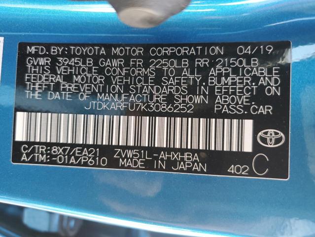 JTDKARFU7K3086252 - 2019 TOYOTA PRIUS BLUE photo 12